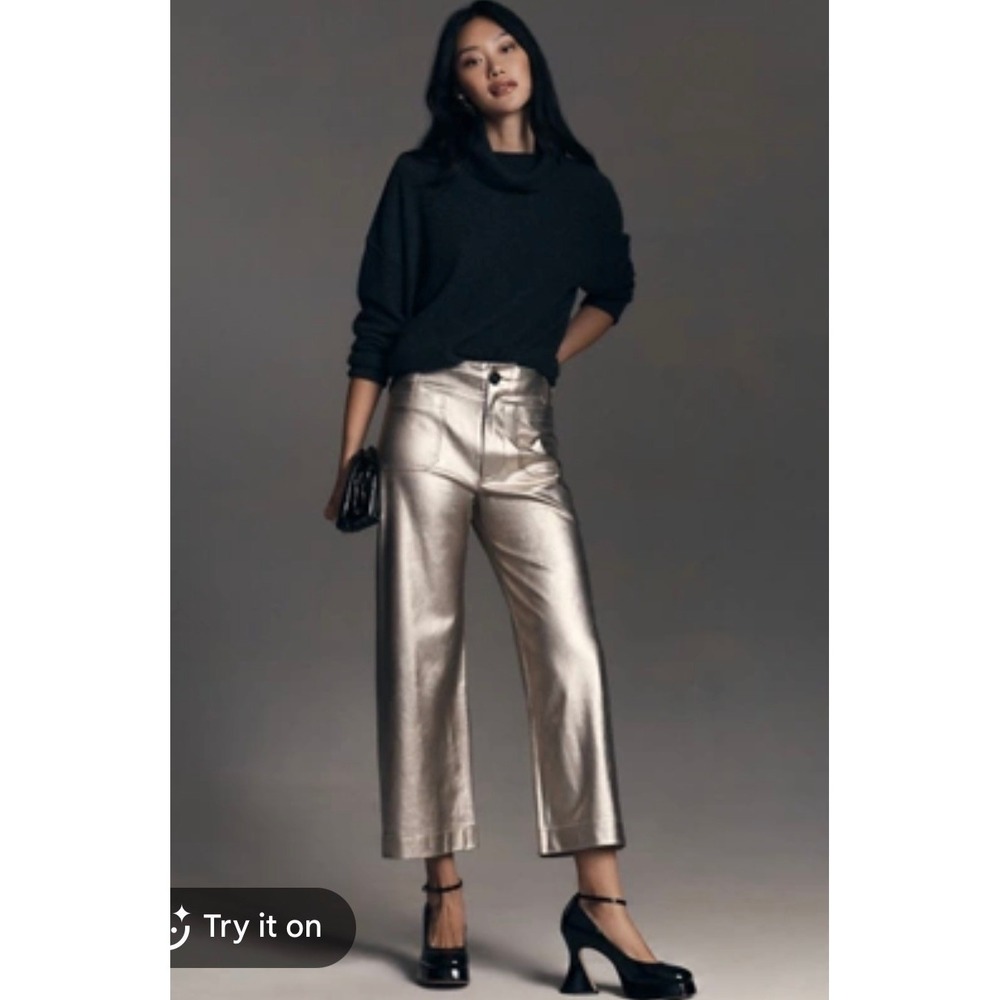 Maeve Anthropologie The Colette Metallic Wide Leg Pants Gold Cropped 24P
